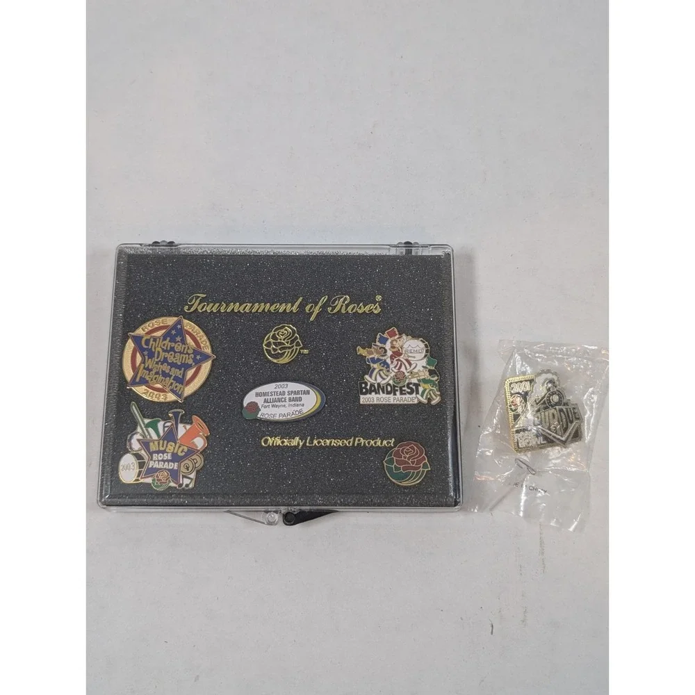 2003 Tournament of Roses Rose Parade Pin Display 5 Pins + Purdue Fort Wayne IN